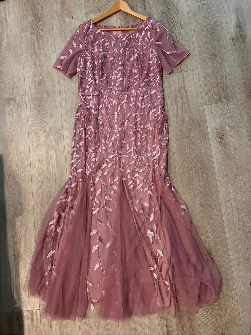 Women’s Mauve Pink Sequin  Short Sleeve Special Occasion Long Evening Dress